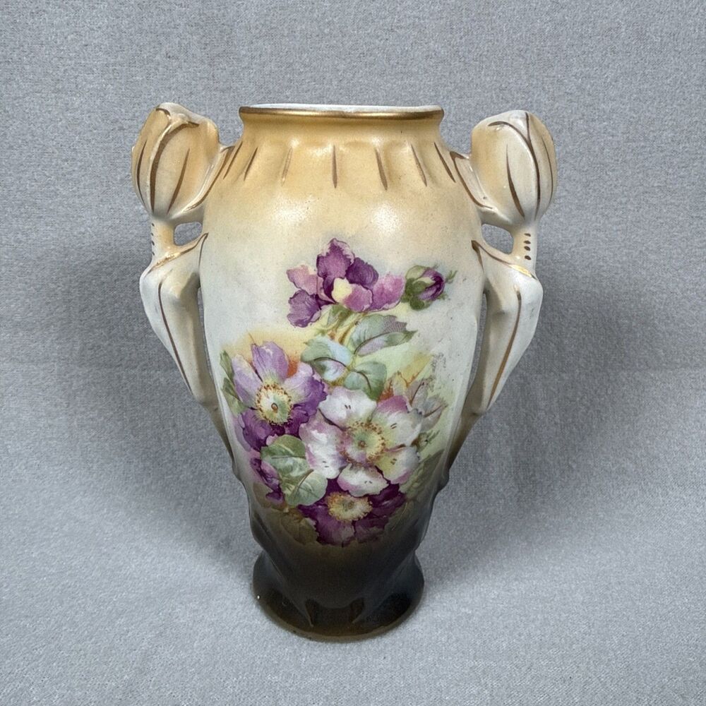 Vintage Floral Pattern Vase 6" Austria Yellow Green Purple Flowers
